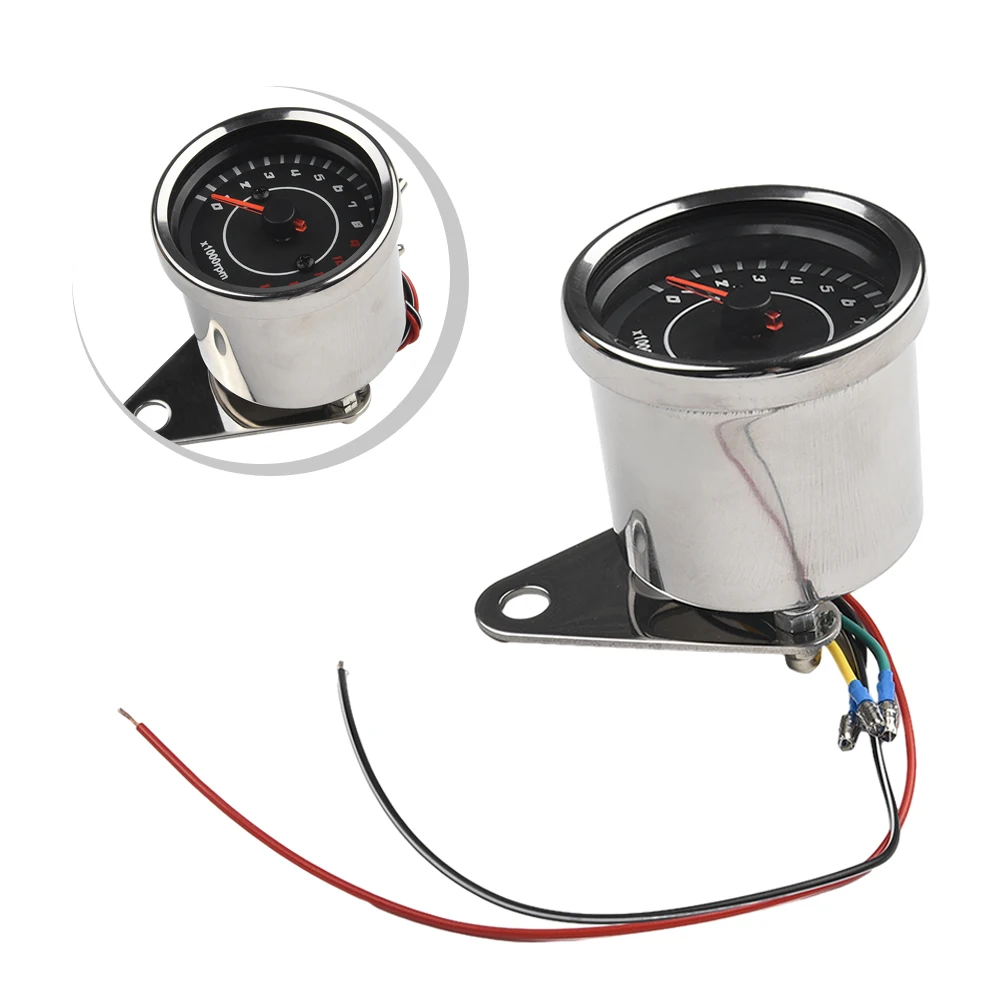Motorcycle Tachometer Meter 12V with LED Backlight Stainless Steel Housing Glass Cover Max 13 000 RPM Mounting Bracket