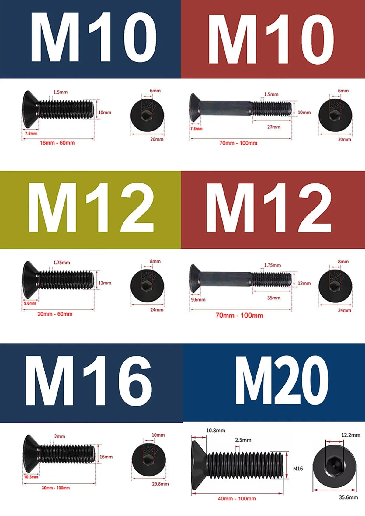 1 шт. M12 M16 M20 черный класс 12,9 углеродистая сталь DIN7991 шестигранный шестигранный болт с плоской головкой и потайной головкой