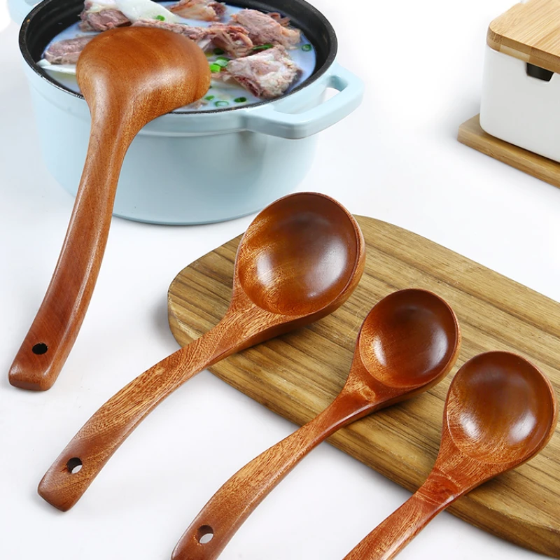 Ebony Large Soup Ladle Household Kitchen Spoon Restaurant Service Spoon Long Handle Wooden Japanese and Korean Style Spoon