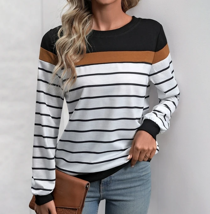 Fashionable Long Sleeved Round Neck Striped Patchwork Sweatshirts Crew Neck Casual Sweatshirt for Winter & Fall