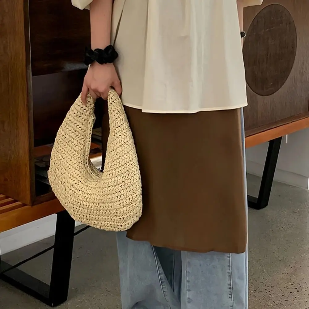 

Casual Large Capacity Lafite Straw Bag Clutch Purse Handmade Weave Tote Bag Fashion Half Moon Grass Woven Bag Beach