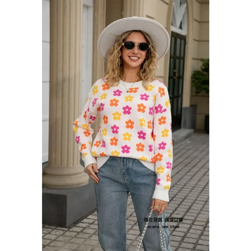 

Flower Print Warm Thread Long Sleeve Knitted Top for Women Autumn New Pullover Round Neck Sweater for Women Versatile
