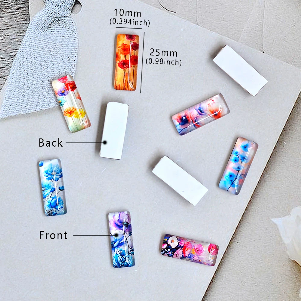 10pcs Assorted 10x25mm Rectangle Glass Cabochons Colorful Flowers Art Paintings - Ideal for DIY Jewelry Making & Crafts