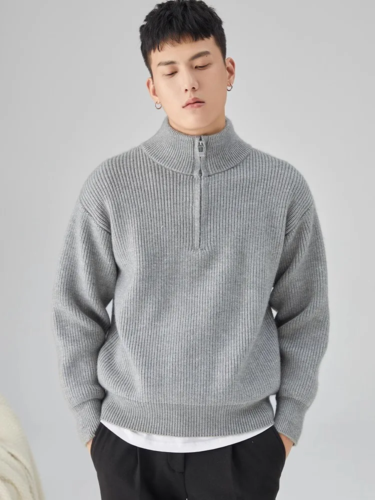 

Зимний утепленный свитер с высоким воротником на молнии, повседневный вязаный свитер для мужчин, модный тренд, молодежный активный стиль, длинный рукав, топ