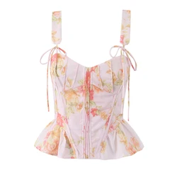 YENKYE New Women Floral Print Pink Bone Slim Tank Top Pleated Ruffle Hem Summer Corset Crop Top Holiday ropa de mujer