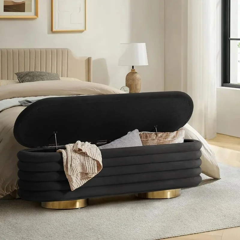 Large Upholstered Velvet Ottoman Bench with Button Tufted Design for Living Room, Bedroom, Entryway, or Window