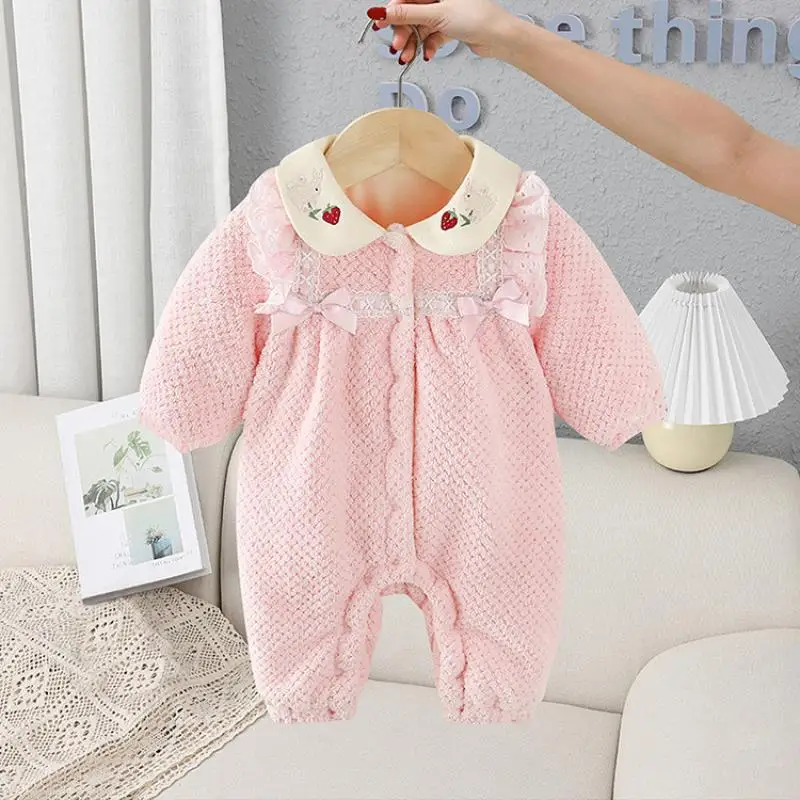 2024 Baby Girl Embroidered Rompers Cute Bow Newborn Romper Thick Long Sleeves Girls Jumpsuits Clothing Holiday Infant Clothes