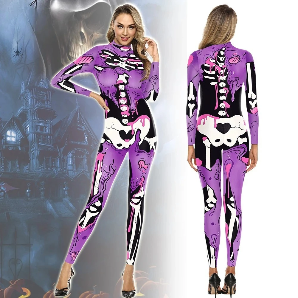

Halloween Skeleton Digital Print Women's Tight Long-sleeved Jumpsuit Cosplay Costume