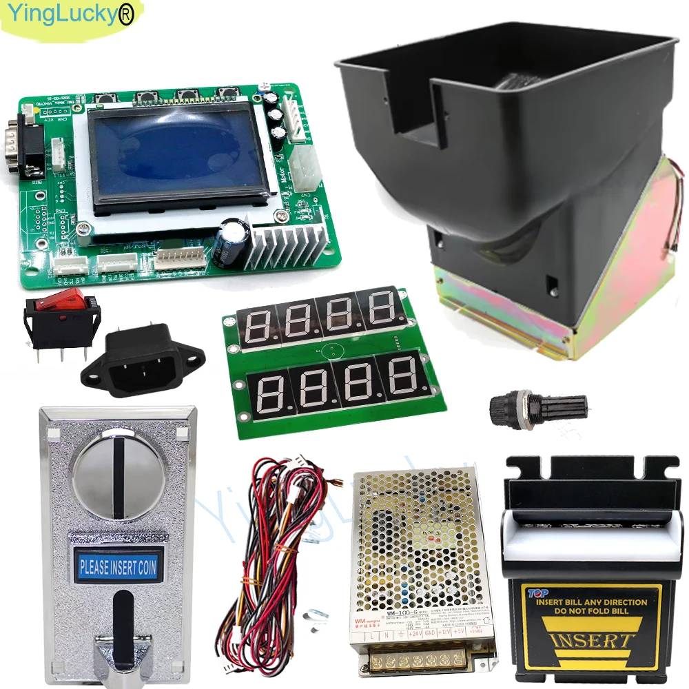 

Arcade Game Vending Machine DIY Kit - Coin Dispenser LCD Motherboard Coin Acceptor Banknote Validator to Hopper Tokens for Game