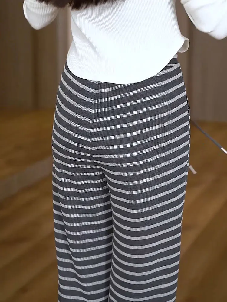 Unieke gestreepte wijde pijpen broek dames losse luie Sle vakantie faion lente zomer nieuwe collectie casual broek met rechte pijpen