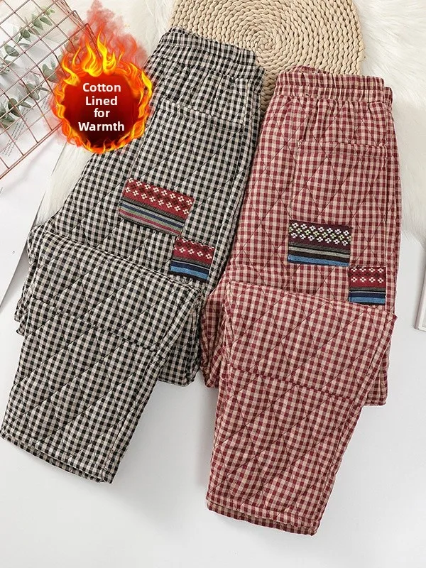 

Утепленные хлопковые брюки в стиле ретро с этническими элементами, свободные клетчатые штаны с пэчворком для женщин больших размеров, зимние, повседневные, комфортные