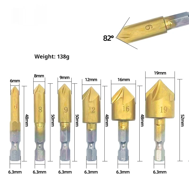 6PC Hexagonal Handle Titanium Plated Five Edge Chamfering Knife Countersunk Drill 6-19mm Woodworking Spot Facer Tool Set