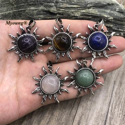 10PCS Ancient Round Natural Gems Tiger Eye Lapis Stone Rose Quartzs Crystal Amethysts Vintage Sunshine Pendants