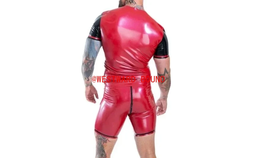 تخصيص اللاتكس تي شيرت أزياء الرجال أحمر أسود اللاتكس قصيرة الأكمام أعلى المطاط اليدوية المطاط clubwear زي #3