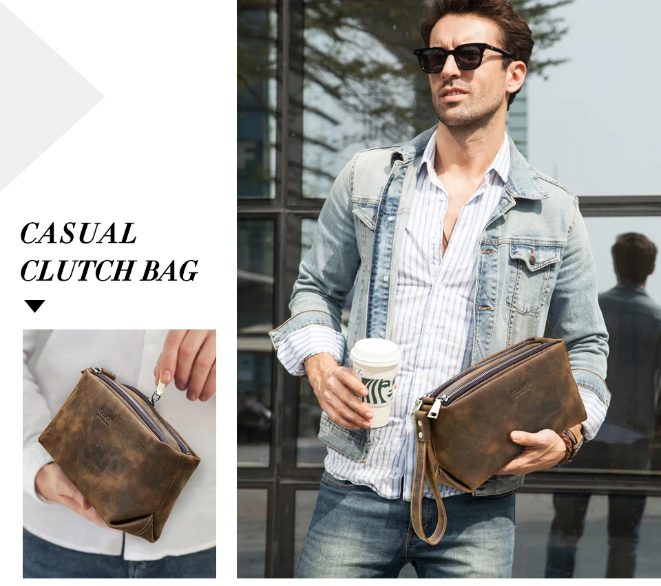 CONTACT'S Vollnarbenleder Herren-Handgelenktasche mit Doppelreißverschluss, Reise-Organizer, große Kapazität, handgefertigte Herrentasche – Detail 1
