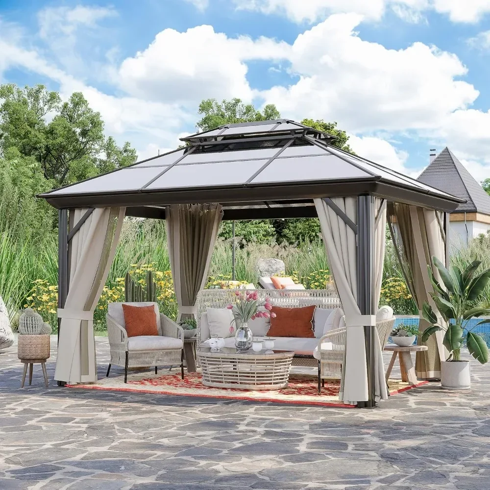 Polycarbonate Double Roof Pavilion Pergola Canopy with Privacy Curtains and Aluminum Frame, 10' X 13' Hardtop Permanent Gazebo