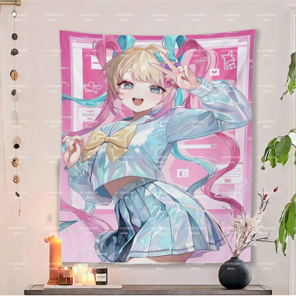 Kawaii Y2K Anime Girl Tapestry, Pink Holographic Wall Hanging for Bedroom Dorm Decor