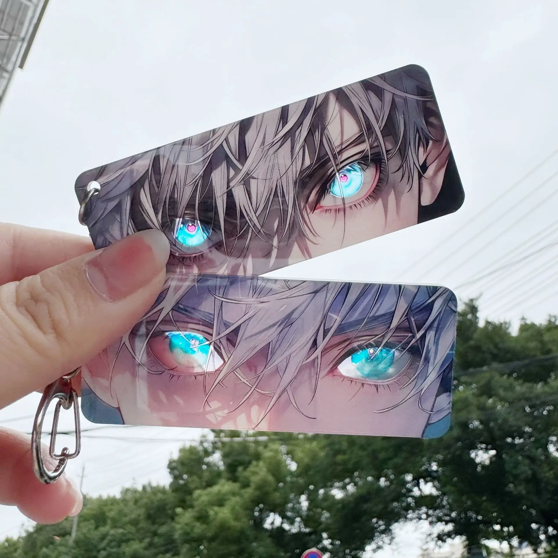 Llavero reflectante de dibujos animados Satoru Gojo, colgante de Anime Jujutsu Kaisen, tarjeta transparente, accesorios para mochila de juguete, regalo para niño y niña