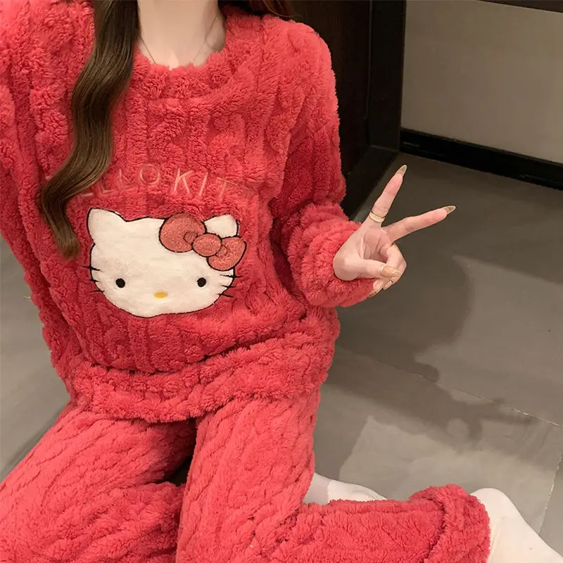 Pijamas de terciopelo Coral de Hello Kitty para niñas, Tops de manga larga, pijamas gruesos de terciopelo para otoño e invierno, pantalones cálidos para estudiantes, ropa para el hogar