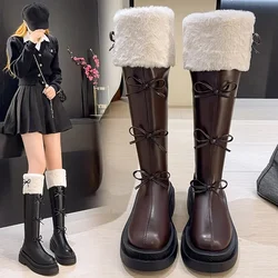 Leather velvet Knee High Boots For Women Winter Fashion bow Platform Knight Boots Woman Fashion Cross-Tied Botas Mujer 2024