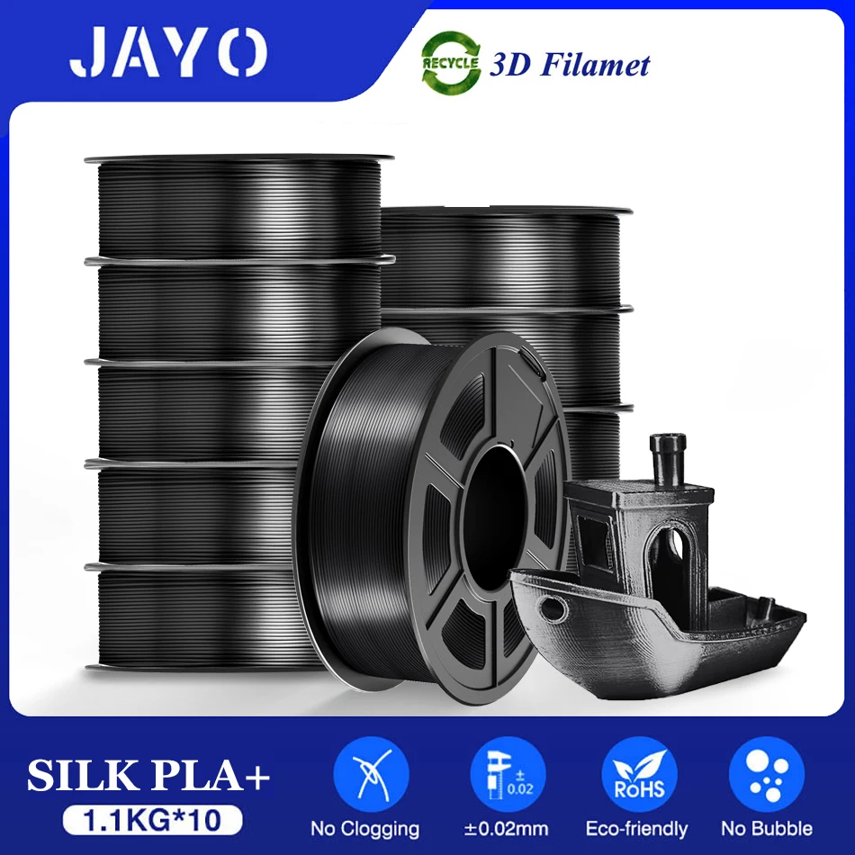 JAYO PLA 3D-filament 1,75 mm 10 rollen / set PLA + / zijde PLA / PLA mat / PETG 3D-printerfilament voor FDM zwarte 3D-printenmaterialen