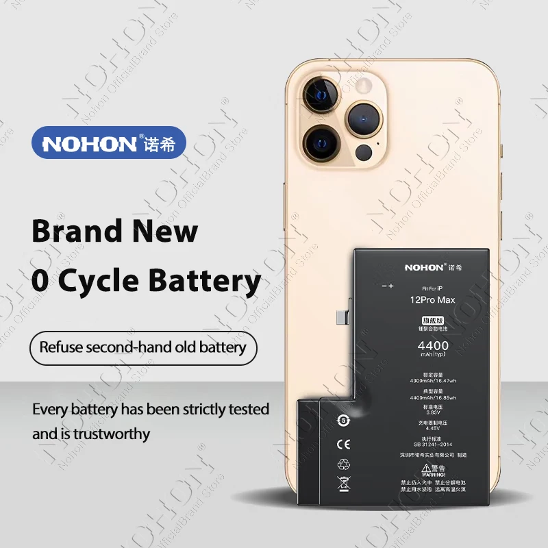 NOHON-Bateria de Substituição para iPhone, Bateria de Alta Capacidade para iPhone 12 Pro Max, 13, 12 Mini, 11 Pro Max, XS, XR, X, 4400mAh