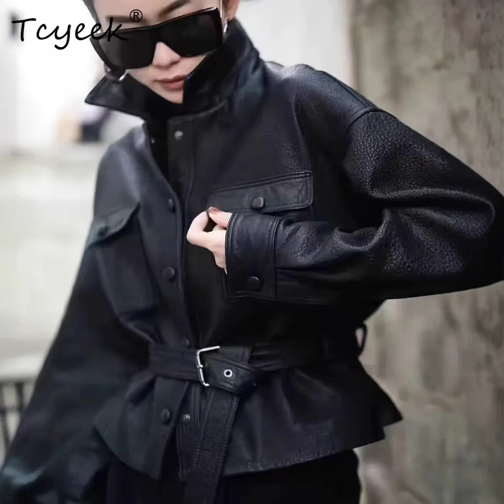 Tcyeek peau De mouton printemps automne haut De gamme à la mode revers noir femmes veste en cuir véritable Jaqueta De Couro légitime Feminina