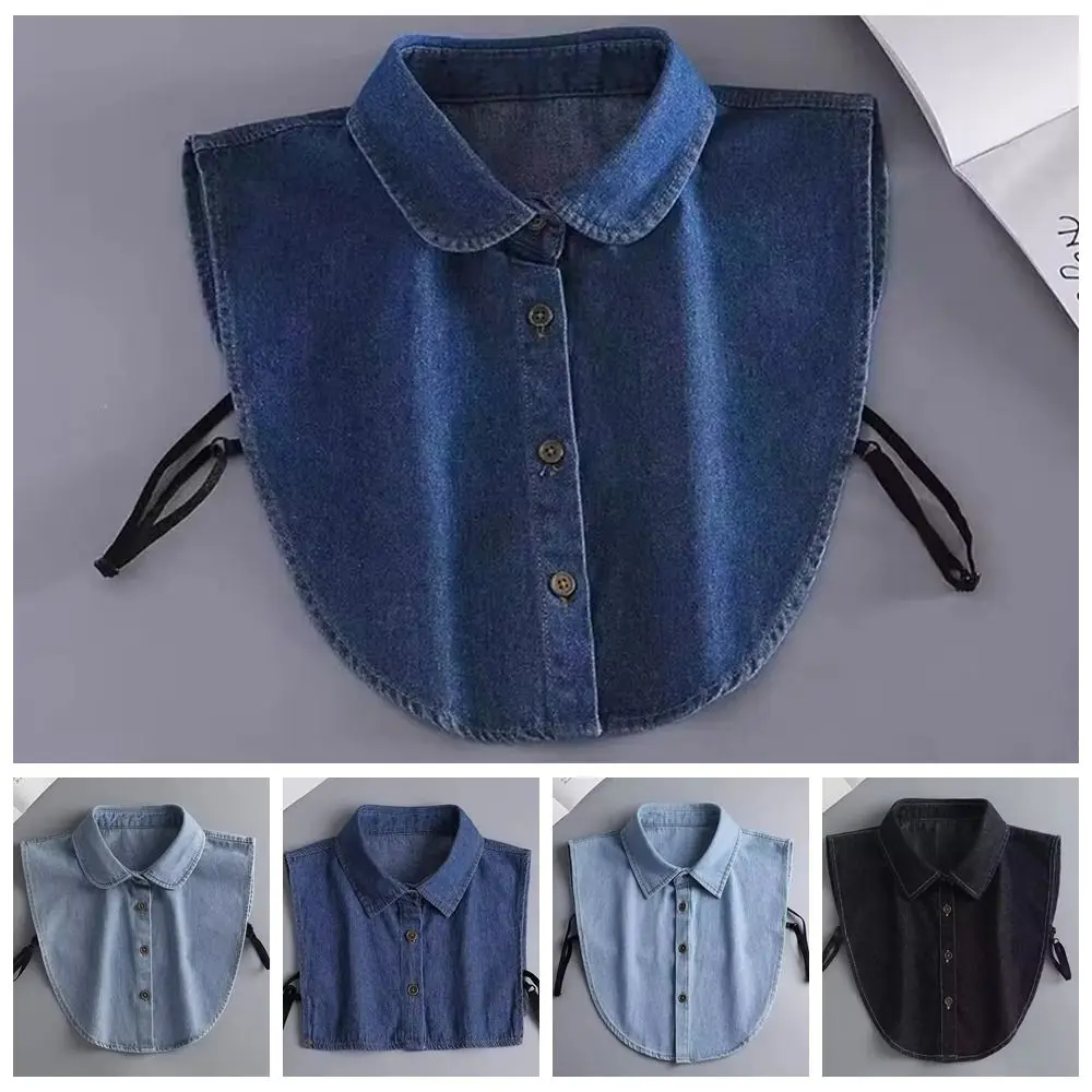 Cotton Denim Fake Collar Lapel Buttons Adjustable Straps Women Fake Collar Blue Clothes Accessories Detachable Collar Women