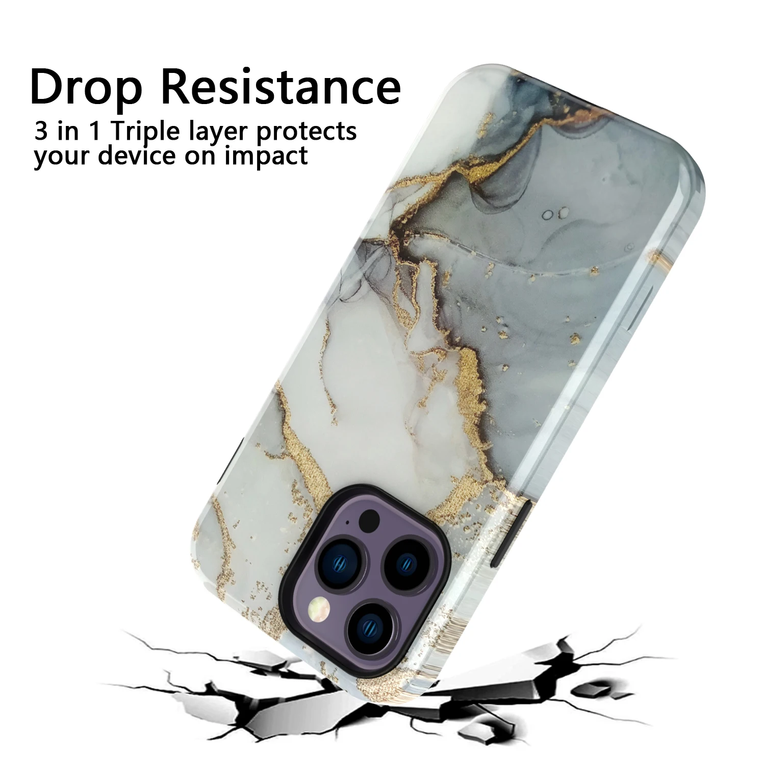 Shockproof Stone Marble Glossy Hard Case For iPhone 15 Pro Max 14 13 12, Three Layer Hybrid Heavy Duty Protection Cover Funda