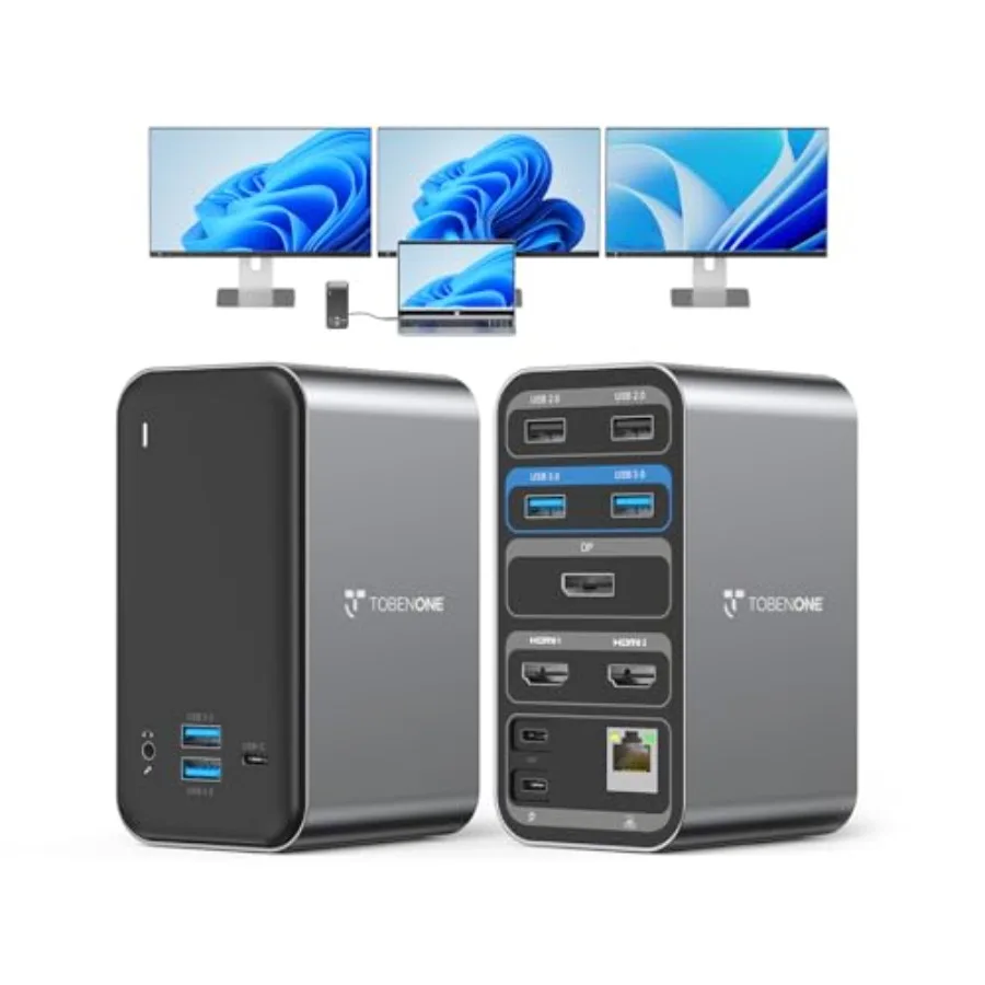 

Docking Station for 3 Monitors, Aluminum Black, 100W Power Delivery with 2 HDMI, DisplayPort, 7 USB Ports, Ethernet, Audio, 87W