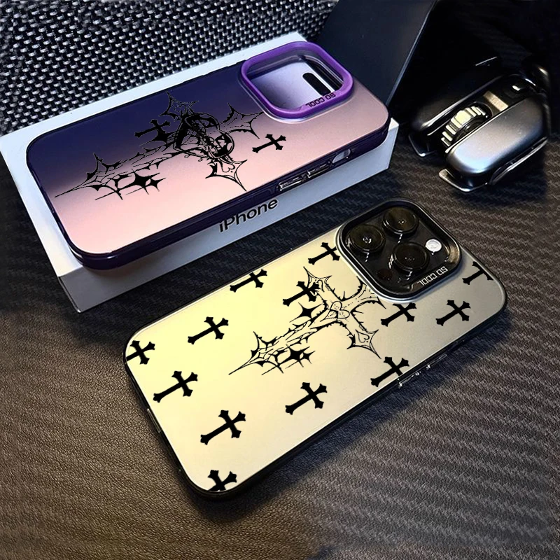 Phone Case For iPhone 15 14 11 12 13 Pro Max 7 8 Plus X XR XS Max SE 2020 2022 Black Cross Print Shockproof Electroplate Cover