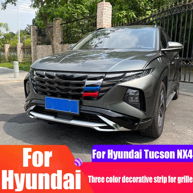 

Для Hyundai Tucson NX4 2021 2022 2023 2024, модифицированная решетка, трехцветная декоративная полоса, автомобильные аксессуары для наружного украшения