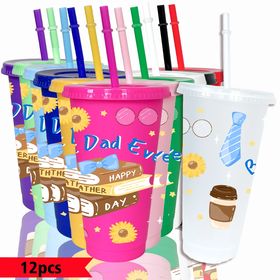 12pcs/pack Tie Sunflower Glasses Pattern 26oz Colored Plastic Party Cold Drink Cup for Back-to-school Birthday Gift