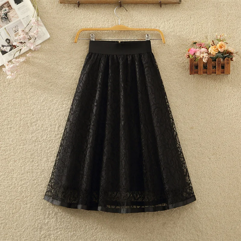 Letnia Nowa Sukienka Koronkowa z Haftem, Spódnica Midi w Kształcie Litery A z Wysokim Stanem, Zapinana na Zamek, z Wycięciami, Koreańska Sukienka do Pracy