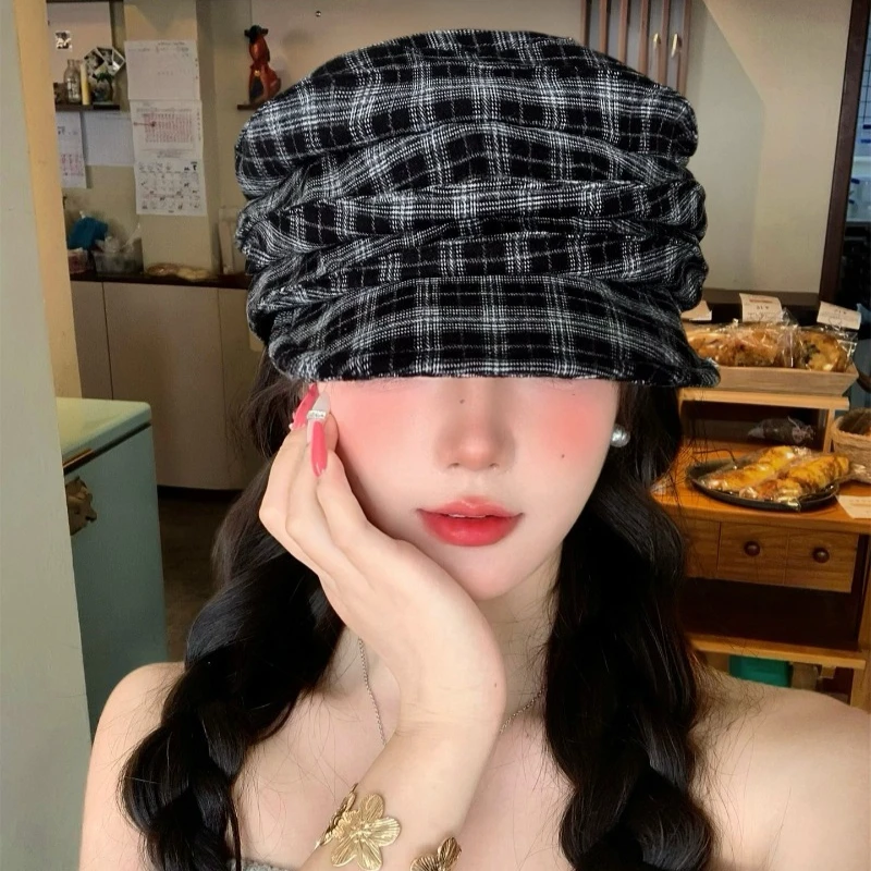 Japanische Retro-Karo-Plissee-Baskenmütze für Frühling und Herbst, große Ausführung, Sonnenschutz, kurze Krempe, literarische achteckige Newsboy-Mütze für Damen – Detail 2