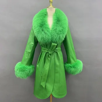 Saifur jaqueta de couro genuíno com gola de pele de raposa feminina 2023 elegante luxo com cinto real pele de carneiro casaco longo para senhoras