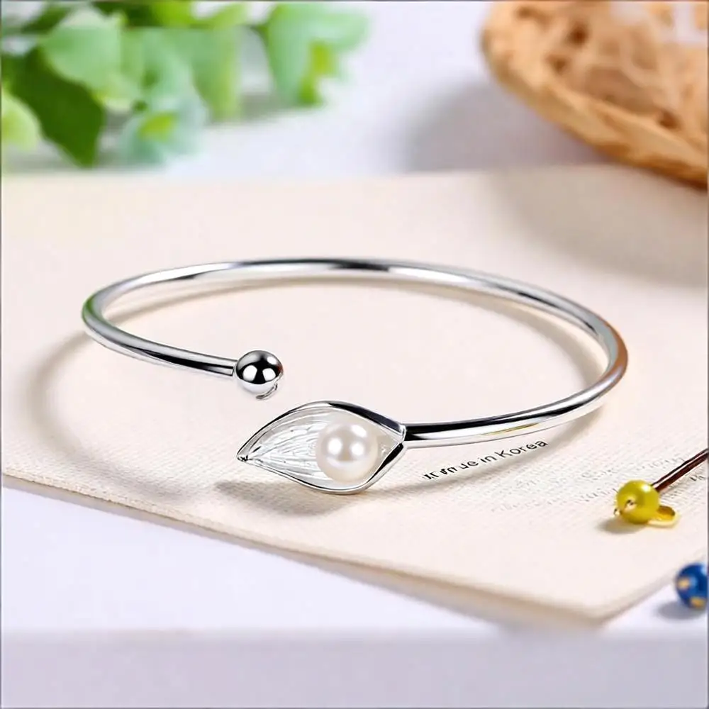 Elegant 925 Sterling Silver Leaf Shape Pearl Open Adjustable Bracelet&Bangles for Women Girls Wedding Party Fashion Jewelry Gift