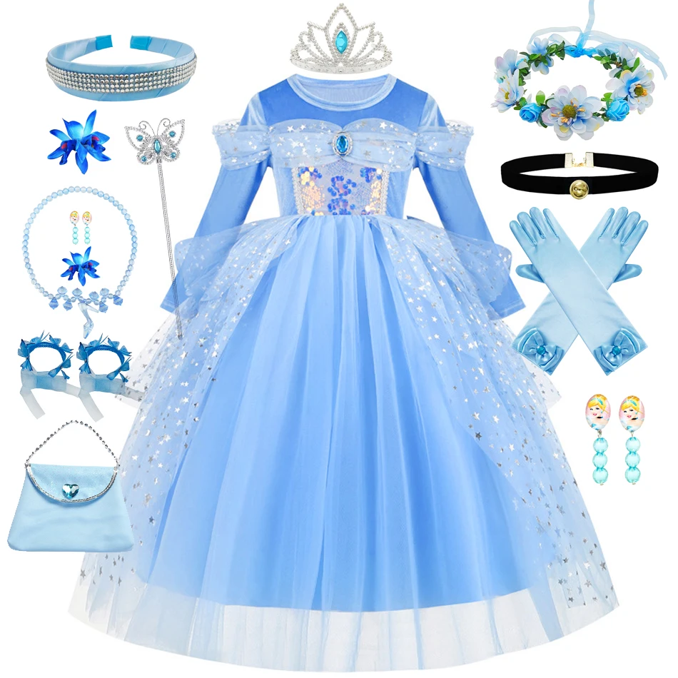 Girl Cinderella Halloween Cosplay Costume Long Sleeve Blue Sequin Princess Dress Bithday Surprise Gift Kids Luxury Ball Gowns