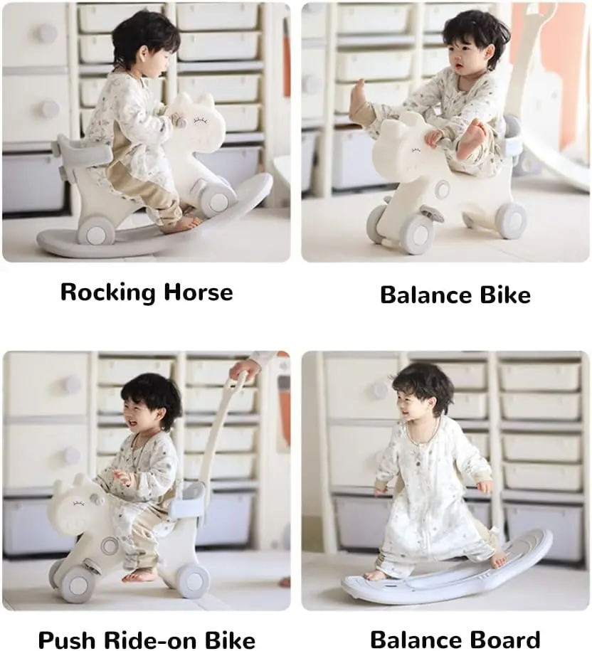 4 in 1 Rocking Horse for Toddlers 1-3 Years Old, Balance Bike Ride On Toys with Push Handle, Backrest and Balance Board for Baby