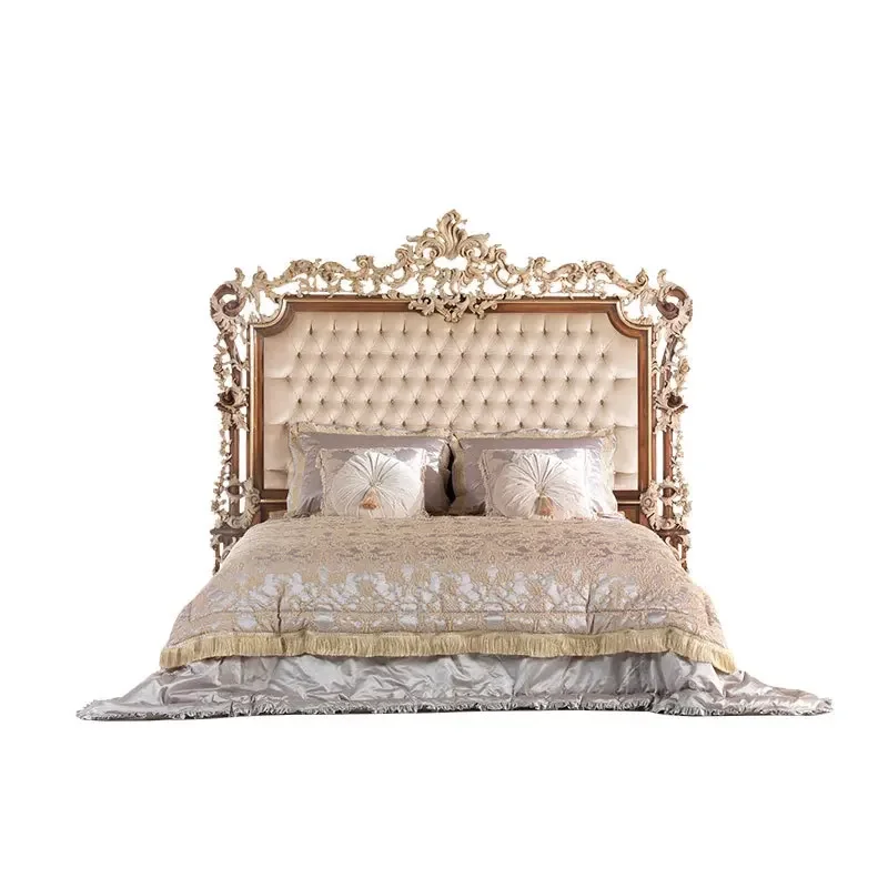 

European solid wood carving flower double bed, French palace villa large bedroom wedding bed