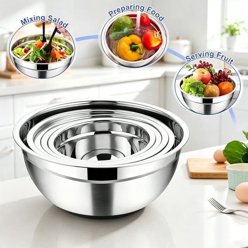 7pcs stainless steel nested The Mixing Bowl with sealed lid, stackable food preparation bowl and multi-size metal salad bowl.