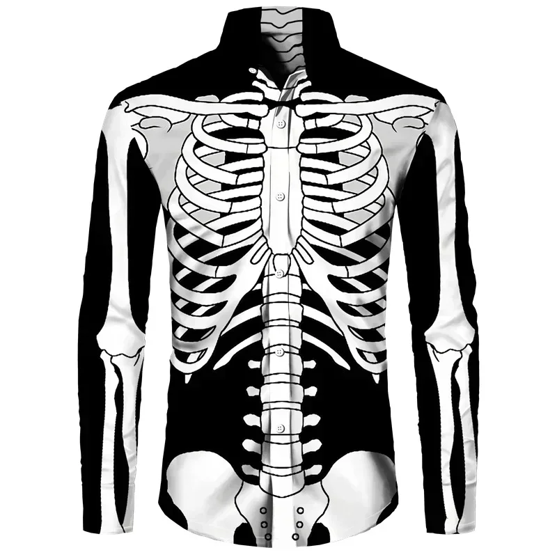 Long-Shirt Men's 3D Skeleton Print Funny Long Sleeve Shirt with Carnival Button Halloween Role Play Universal Street Clothes 202