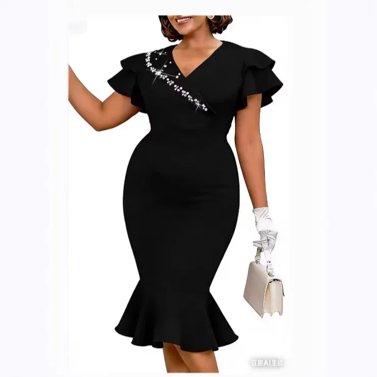 

Elegant Midi Beading Dresses for Women V Neck Ruffle Short Sleeves Package Hip Slit Classy Bodycon Evening Party Gowns 2026 New