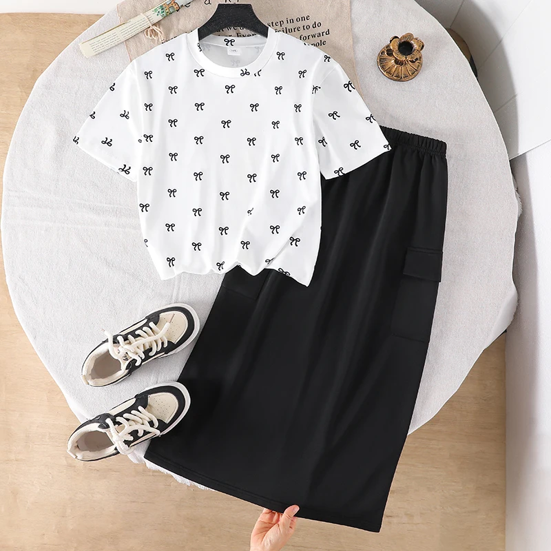 Girls 8-12 casual 2-piece outfit, bow print short sleeve tee & black cargo skirt, soft comfy for school and daily wear