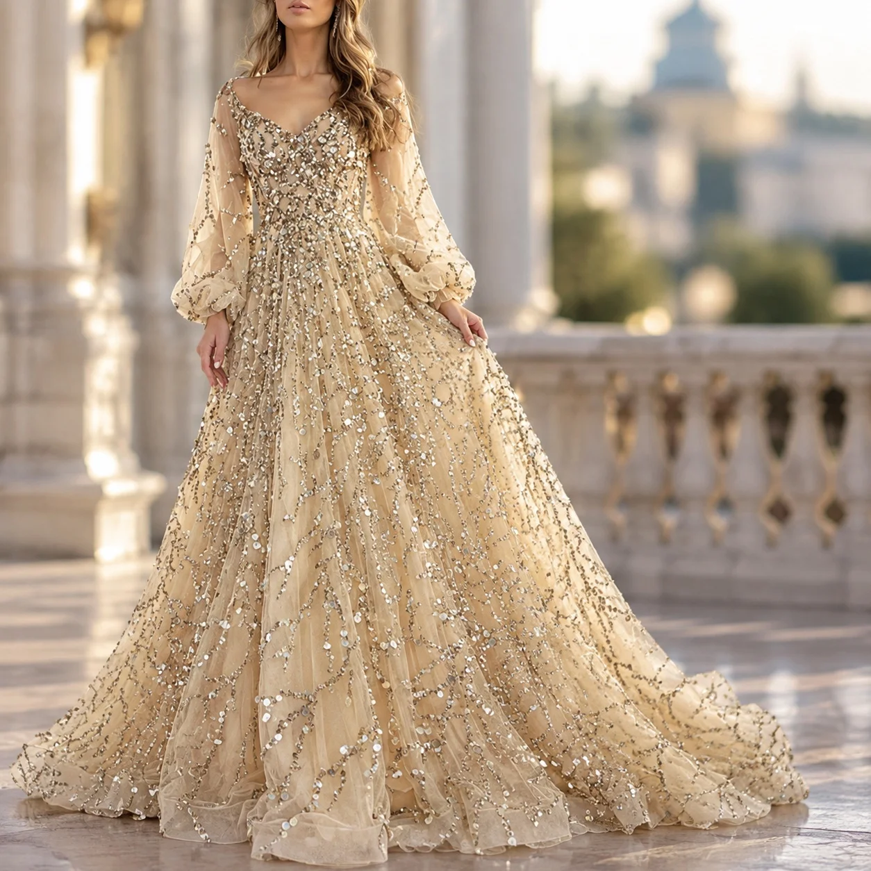 Spring Zipper Gown Maxi Length Elegant with Rhinestone Embellishment Long Sleeves Off the Shoulder for Women Party Dress