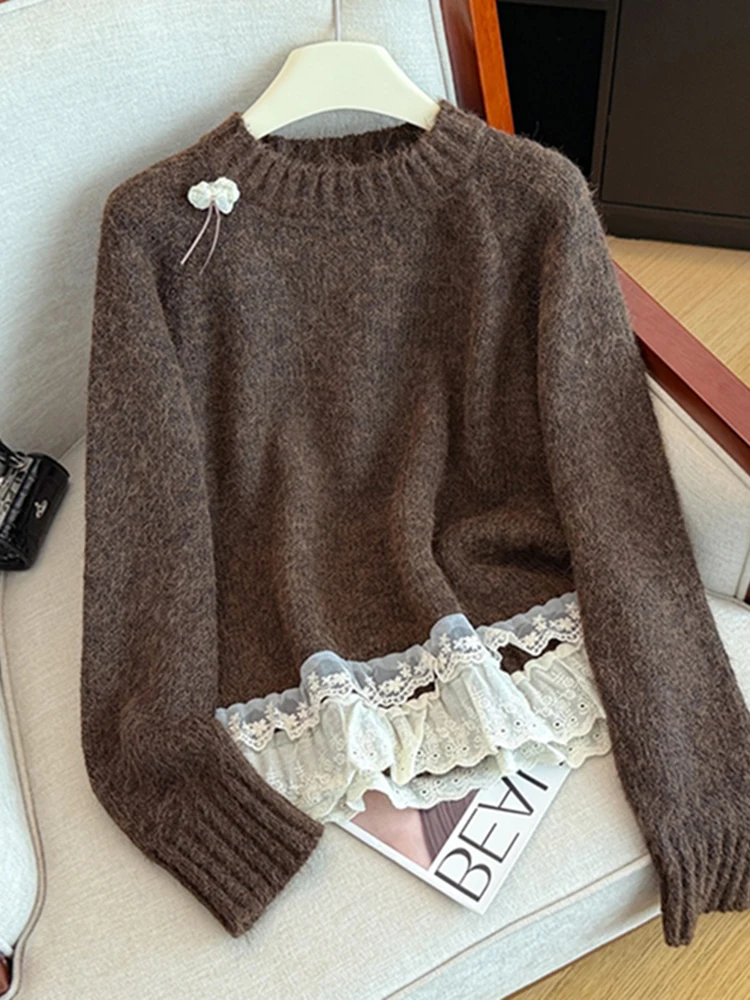 

Ele round Ne Long Sve Knitted Sweater Women's Spring Faion Loose Slimming Base irt Top Casual Comfortable Knitwear