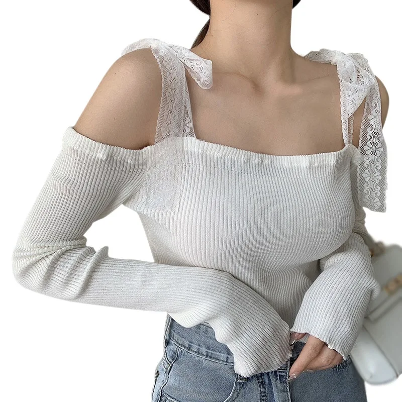 

Women's Off Shoulder Lace Slim Sexy Navel Exposed Long Sleeve T Shirts Tops