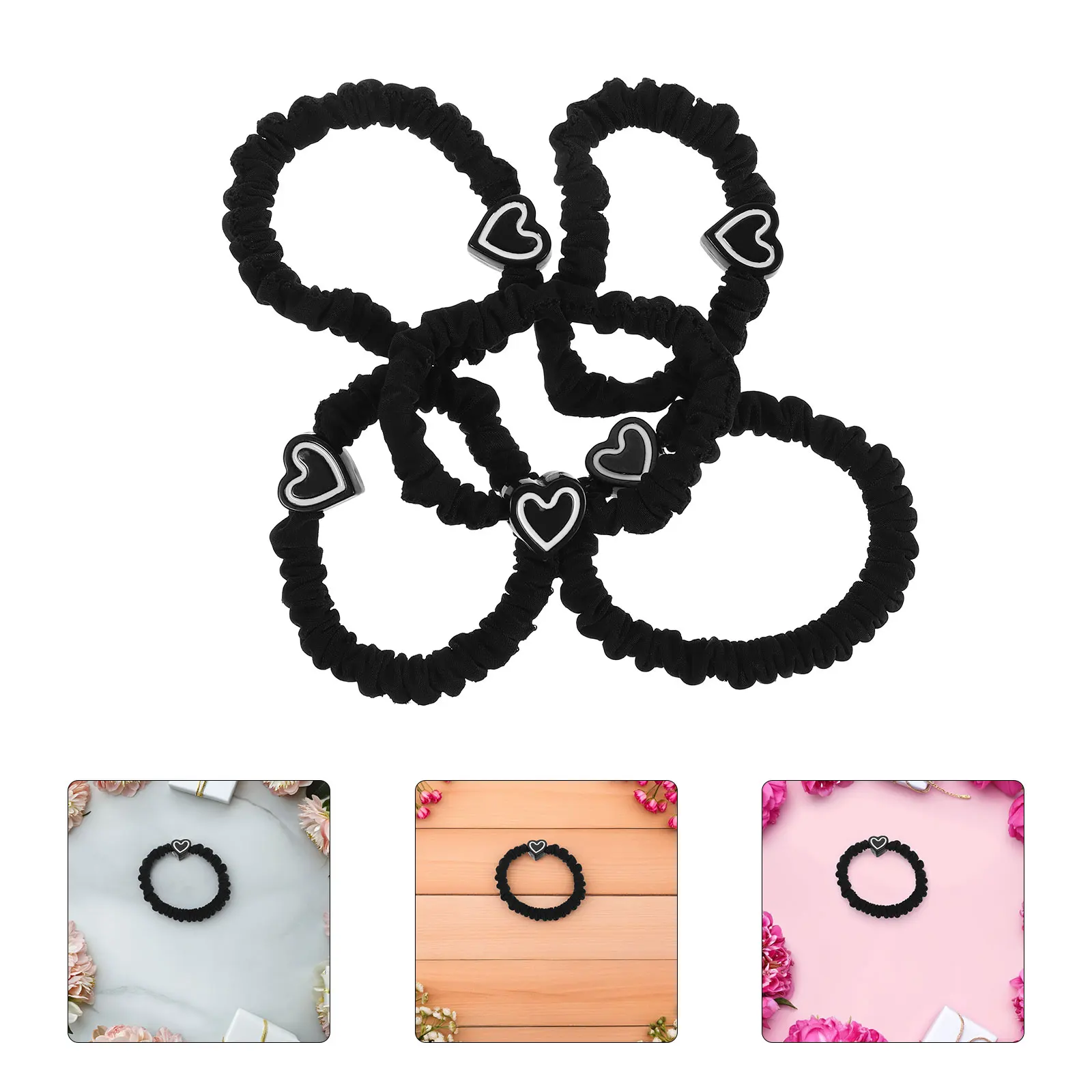 

5pcs Heart Design Thickened High Elastic Ties For Women Girls Stretchy Ponytail Holders Seamless Black Bands No Damage For Daily