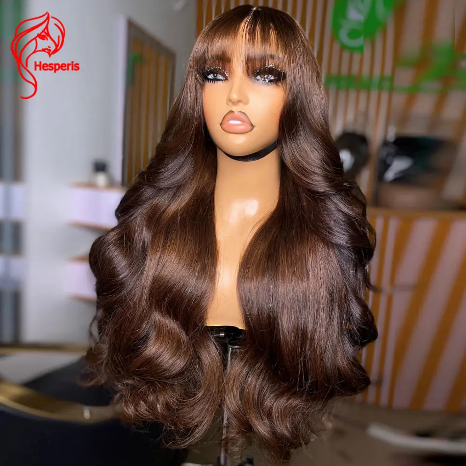 

Hesperis Scalp Top Ombre Brown Human Hair Wigs With Bang Full Machine Made Soft Wave Wig For Women Brazilian Highlight Brown wig