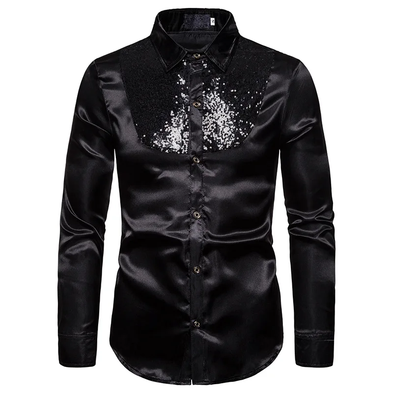 Mens Shiny Sequins Silk Satin Dress Shirts White Long Sleeve Button Up Shirt Men Disco Party Stage Singer Prom Camisa Masculina